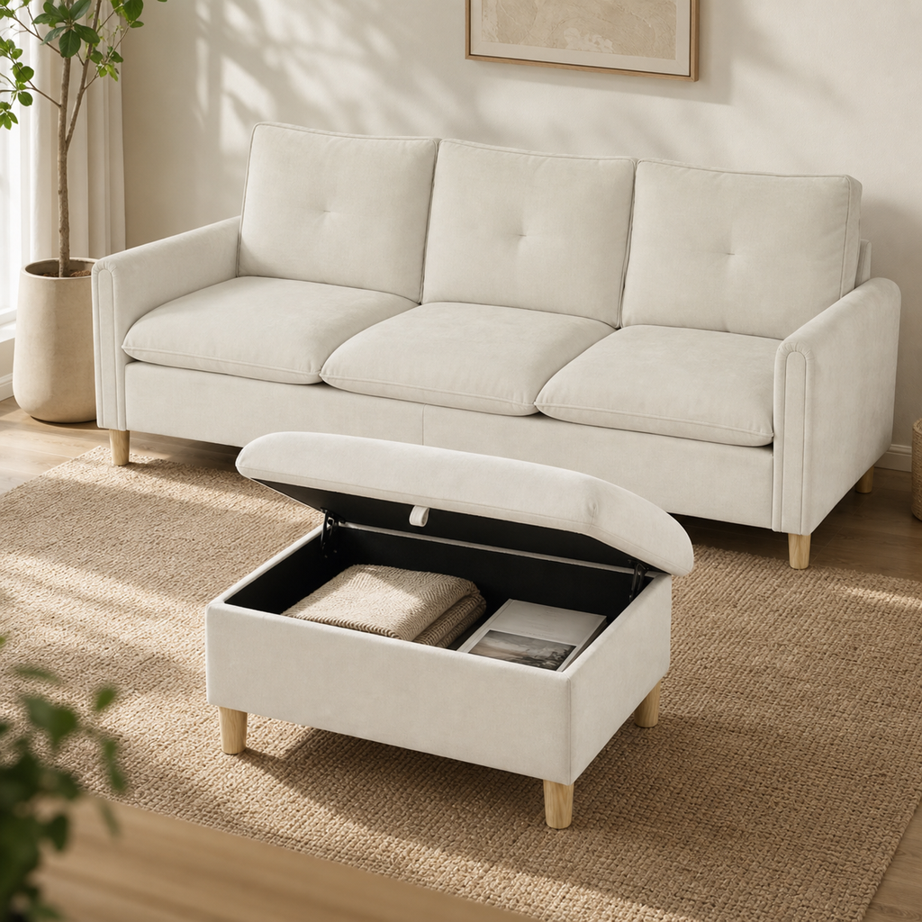 Canapé 3 places avec pouf de rangement en bois Jean