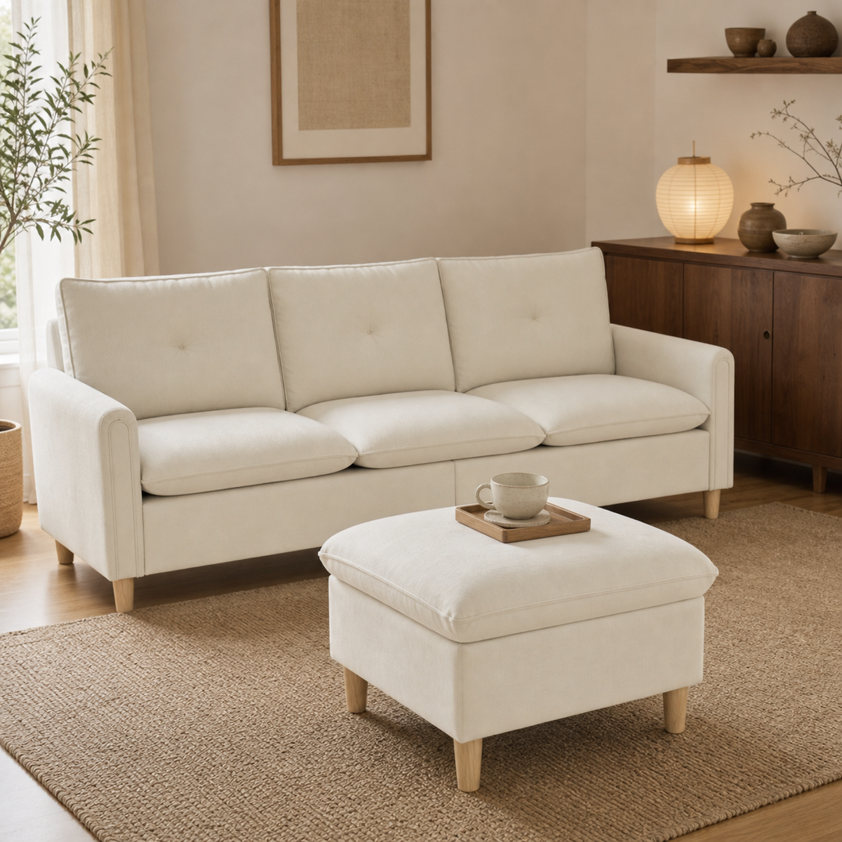 Canapé 3 places avec pouf de rangement en bois Jean