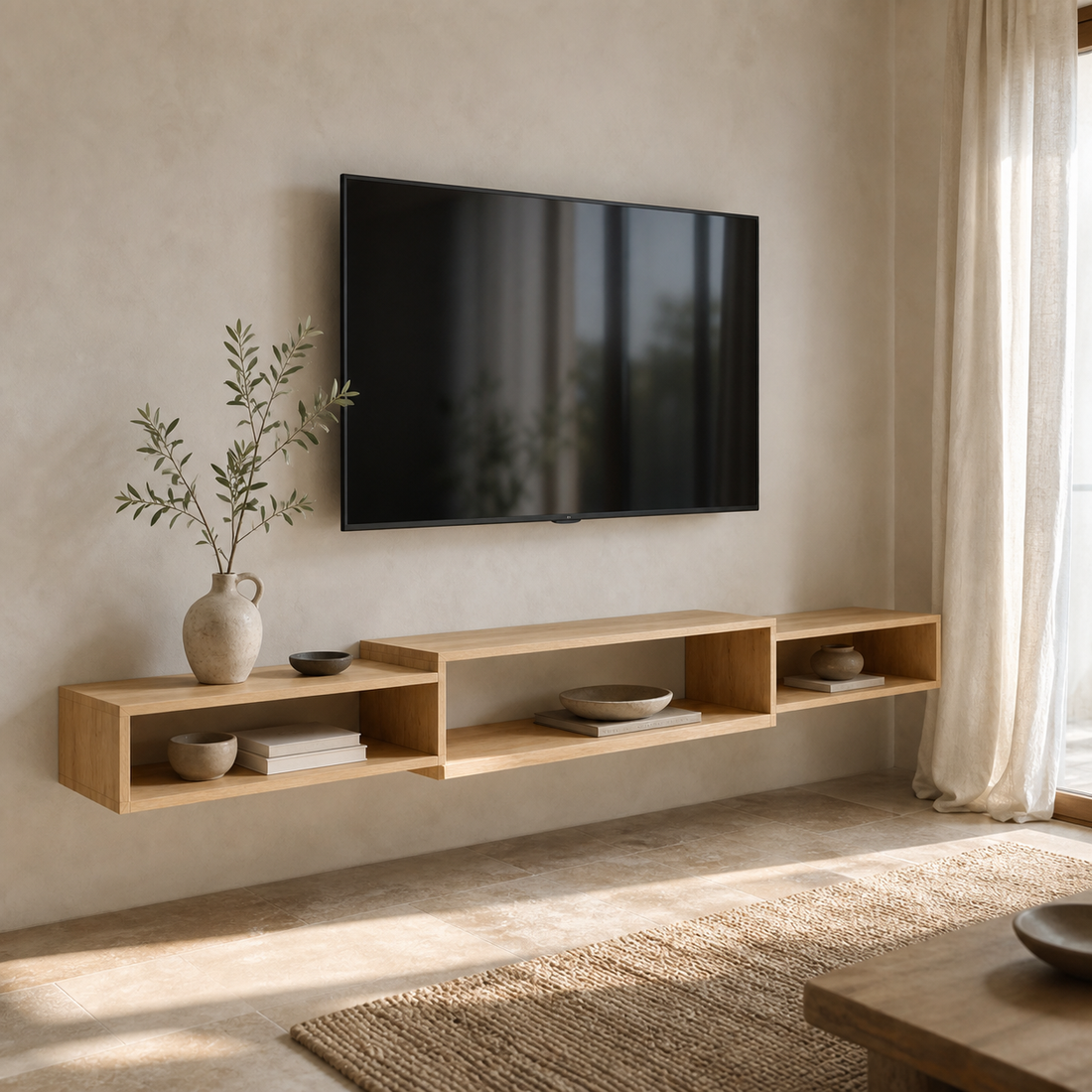 Meuble TV mural suspendu en bois Baptiste - Chêne