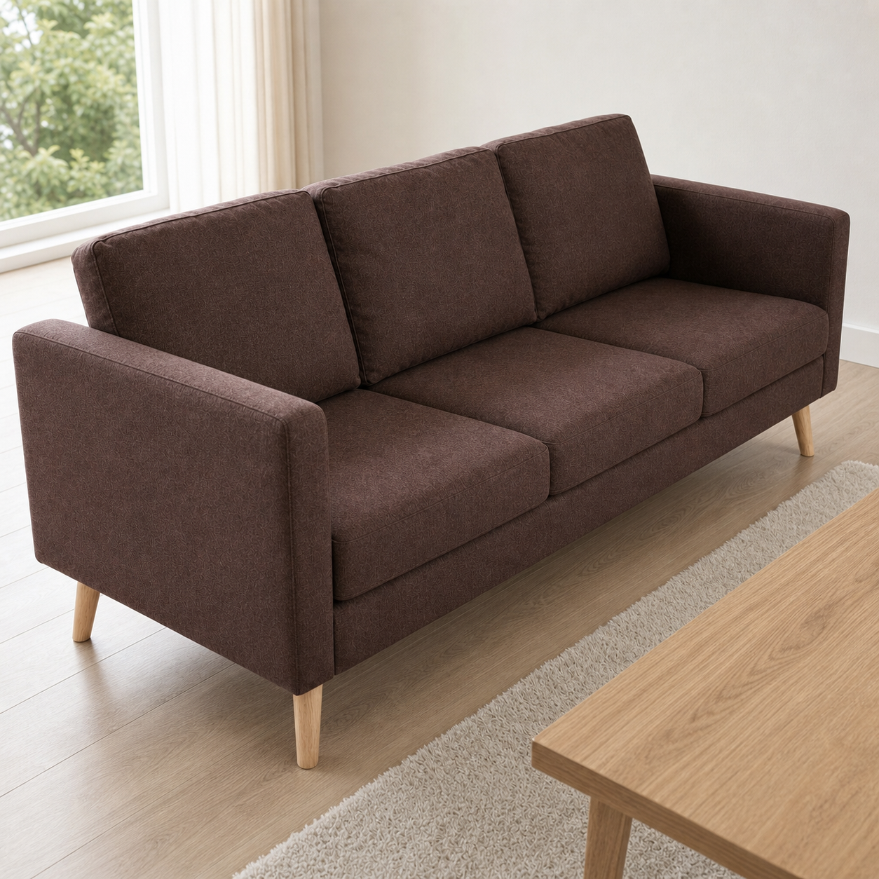 Canapé 3 places en tissu marron pieds bois Édouard