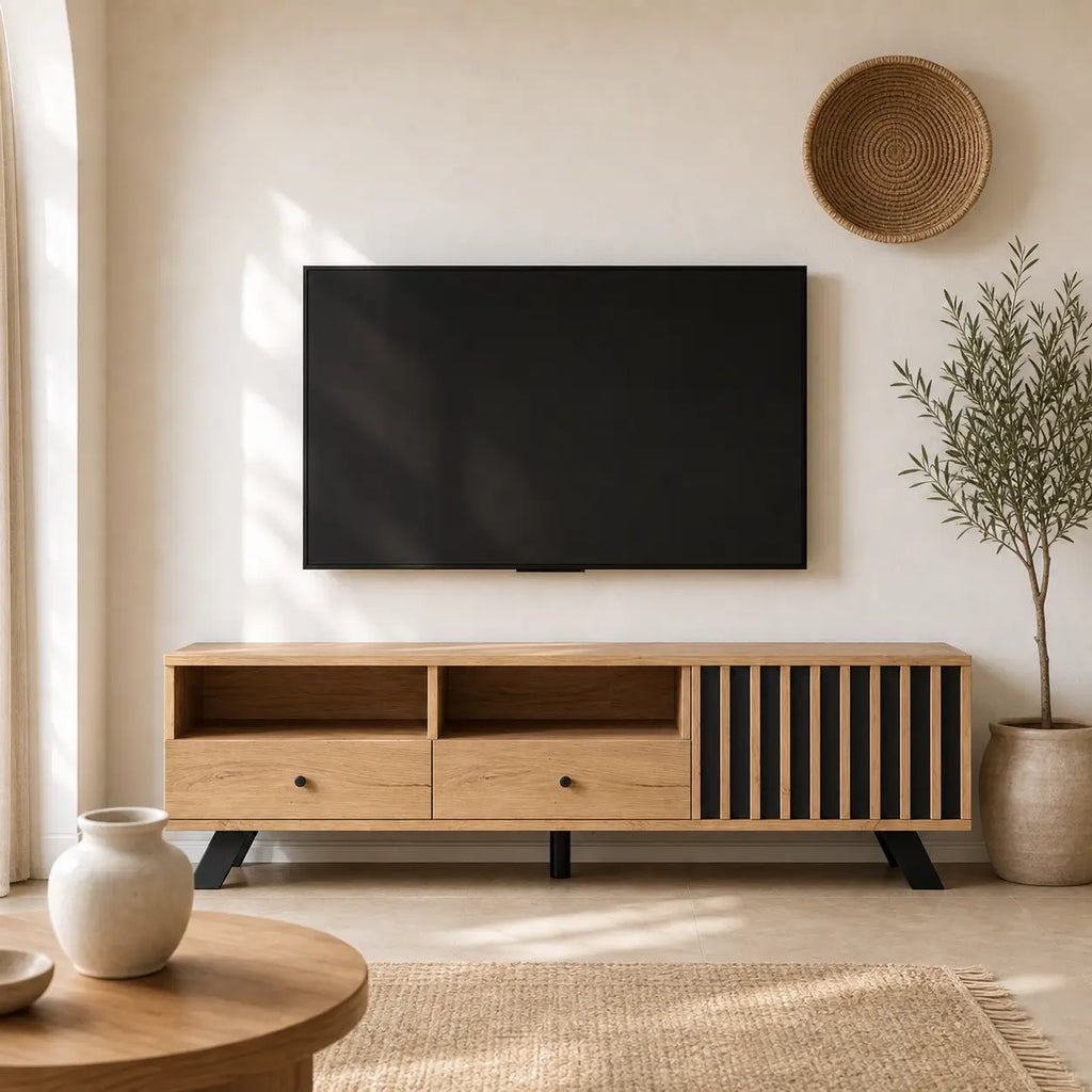 Meuble TV 2 tiroirs en bois Nicolas