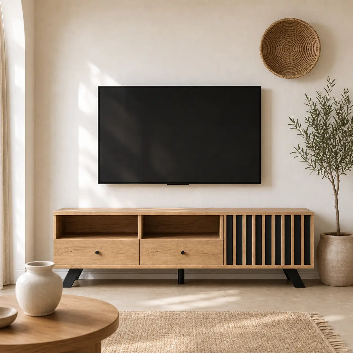 Meuble TV 2 tiroirs en bois Nicolas