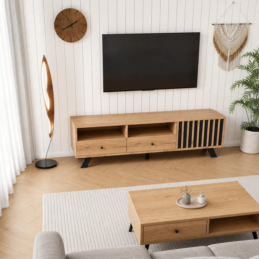 Meuble TV 2 tiroirs en bois Nicolas