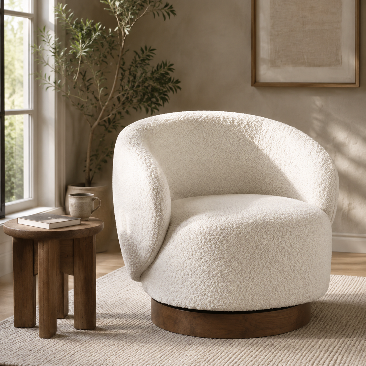 Fauteuil pivotant en bois massif Lucie - Crème