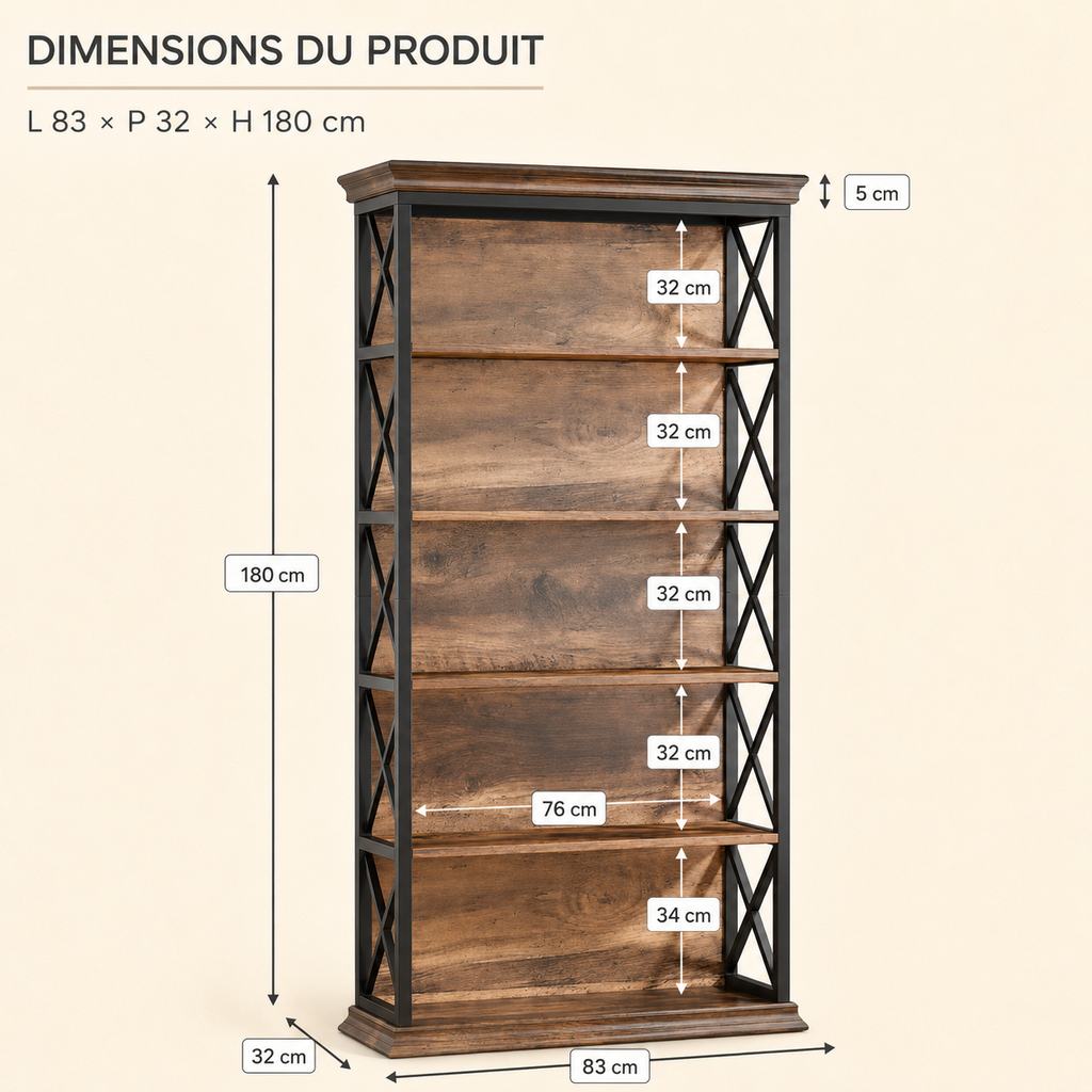 Bibliothèque à 5 niveaux en bois Marius - Marron