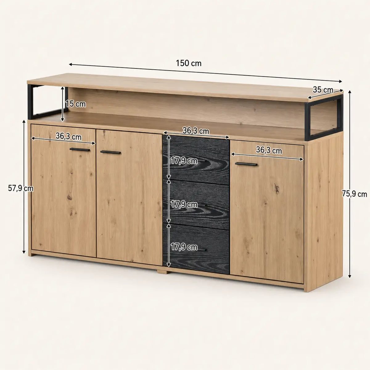 Buffet 3 portes 3 tiroirs en bois Roman