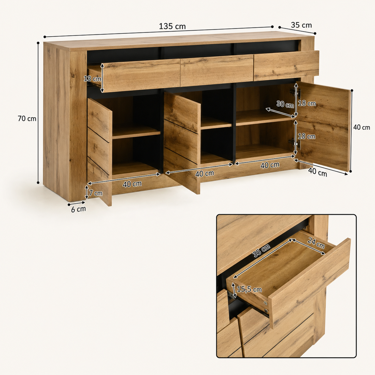 Buffet 3 tiroirs en bois Maxime